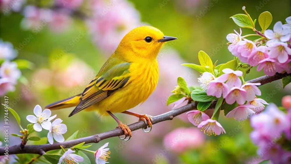A bright yellow warbler perches on a blooming cherry blossom branch, surrounded by lush green leaves, symbolizing the vibrant arrival of spring season. A bright yellow warbler perches on a blooming cherry blossom branch, surrounded by lush green leaves, symbolizing the vibrant arrival of spring season.