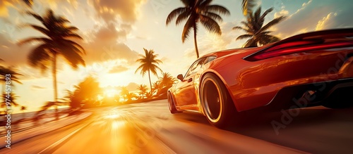Fototapeta Naklejka Na Ścianę i Meble -  Red sports car driving on a tropical road at sunset.