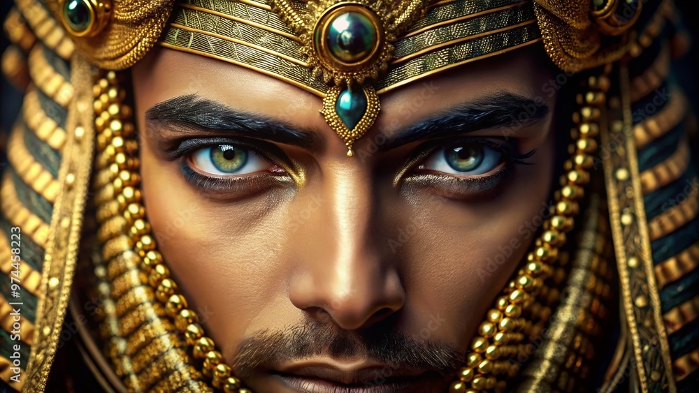 A captivating close-up of an Egyptian man's elaborately lined and kohl-rimmed eyes, adorned with intricate golden accents and dramatic lashes, exuding ancient mystique and beauty. A captivating close-up of an Egyptian man's elaborately lined and kohl-rimmed eyes, adorned with intricate golden accents and dramatic lashes, exuding ancient mystique and beauty.