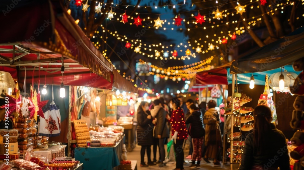 Obraz premium Picture a traditional New Year's festival in a bustling city square. Stalls are set up selling festive treats and souvenirss