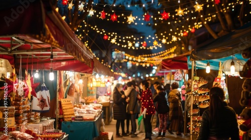 Picture a traditional New Year's festival in a bustling city square. Stalls are set up selling festive treats and souvenirss