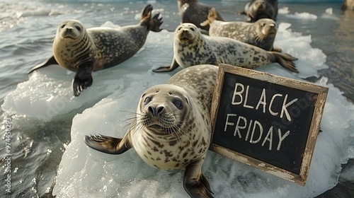 Seals on Ice with a Black Friday Sign photo