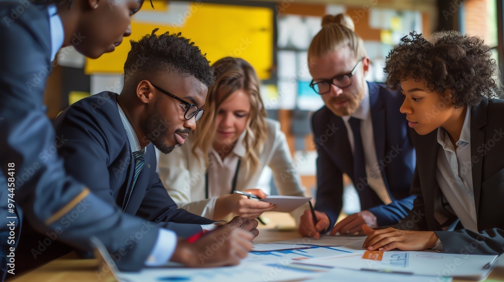 A group of coworkers huddled together at a desk, looking over paperwork. A group of coworkers huddled together at a desk, looking over paperwork.