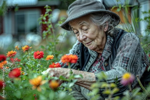 Senior Gardening. Elderly woman in a hat tending to colorful flowers in a garden, smiling as she enjoys her hobby outdoors.