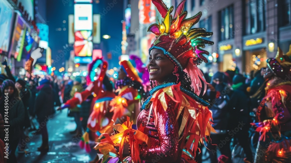 Naklejka premium Picture a vibrant New Year's parade marching down a busy city street. Floats decorated with colorful lights and dancers in elaborate costumes move rhythmically to the beat of lively music. 