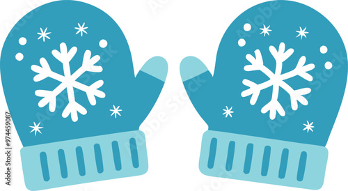 Two blue mittens with white snowflakes and stripes, facing each other.