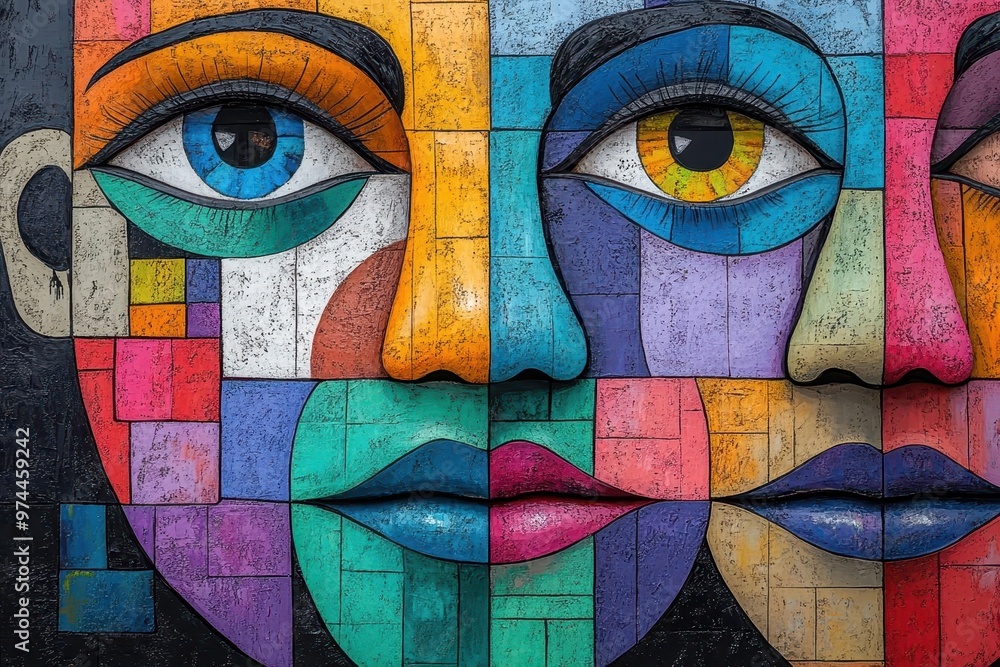 abstract faces with diverse features and expressions overlapping and merging to represent different personalities vibrant colors and bold lines create a striking visual metaphor abstract faces with diverse features and expressions overlapping and merging to represent different personalities vibrant colors and bold lines create a striking visual metaphor