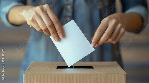 Get out the vote Close-up of hands dropping a ballot into a voting box, symbolizing the power of individual choice, democracy in action, no faces visible photo