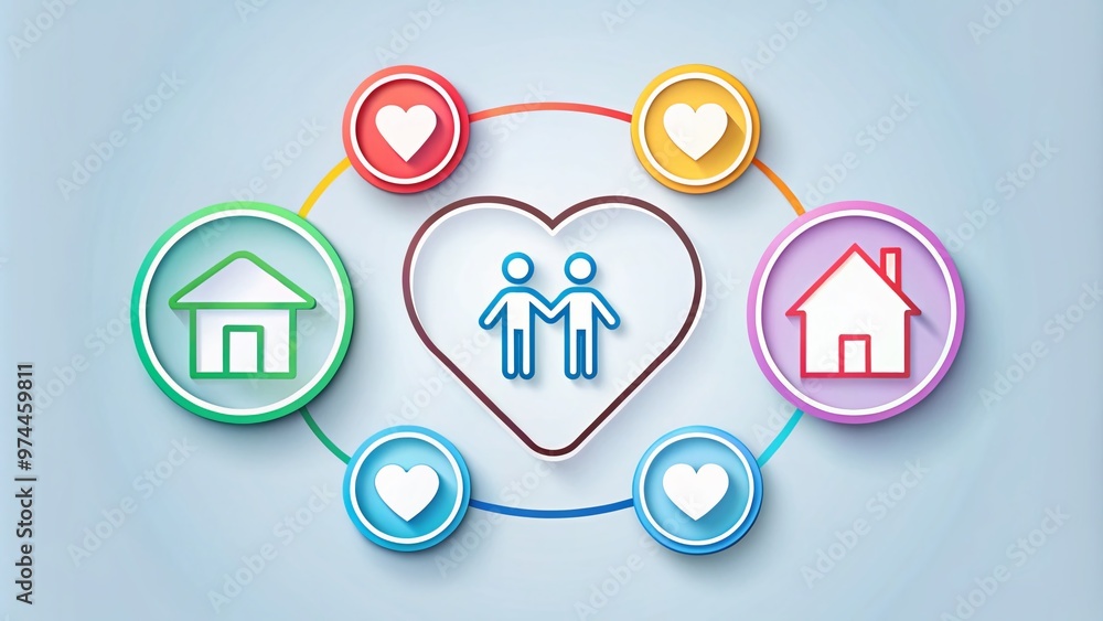 A collection of icons, including a heart, house, and interconnected circles, representing unity, love, and togetherness, conveying a sense of family and closeness. A collection of icons, including a heart, house, and interconnected circles, representing unity, love, and togetherness, conveying a sense of family and closeness.