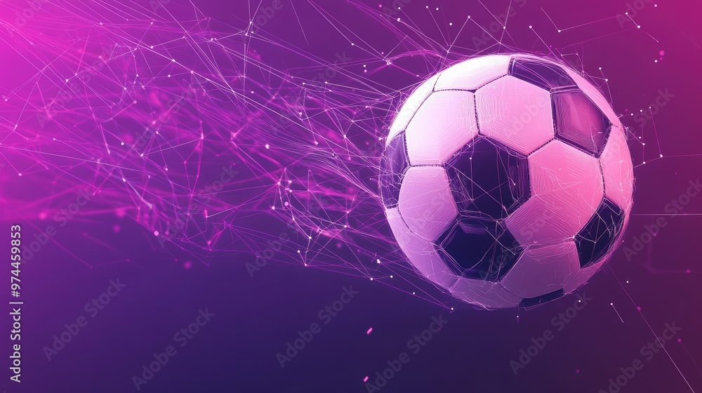 Naklejka premium A digital soccer ball in motion against a purple-pink gradient background, featuring dynamic lines and abstract geometric shapes.
