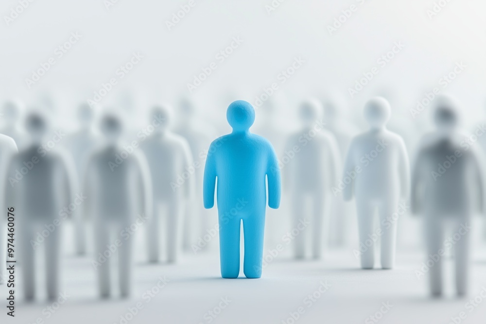 Individual Blue figure stands out among white figures, symbolizing unique characteristics, qualities, advantageous or negative difference, chosen perfect candidate, white background. Individual Blue figure stands out among white figures, symbolizing unique characteristics, qualities, advantageous or negative difference, chosen perfect candidate, white background.