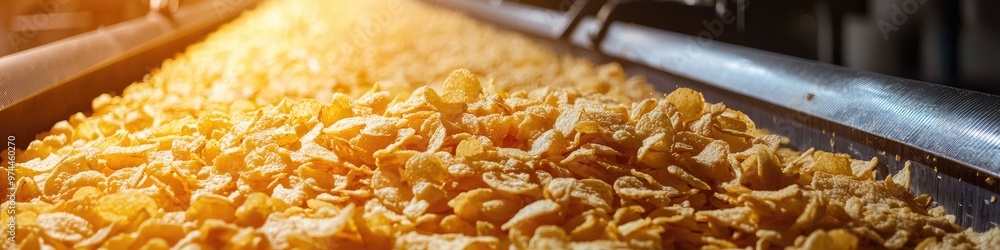 potato chips on a conveyor belt. Selective focus potato chips on a conveyor belt. Selective focus