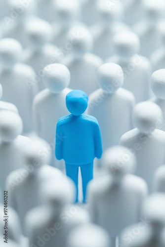 Individual Blue figure stands out among white figures, symbolizing unique characteristics, qualities, advantageous or negative difference, chosen perfect candidate, white background.