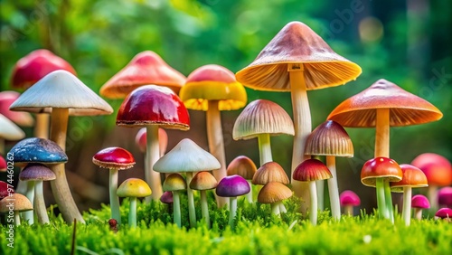 A colorful assortment of various lawn mushrooms, showcasing unique cap shapes, sizes, and textures, against a lush green grass background for easy identification. photo