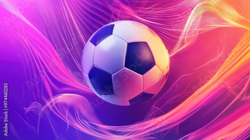 A digital soccer ball in motion set against a vibrant purple and pink gradient background, with dynamic lines and abstract shapes.