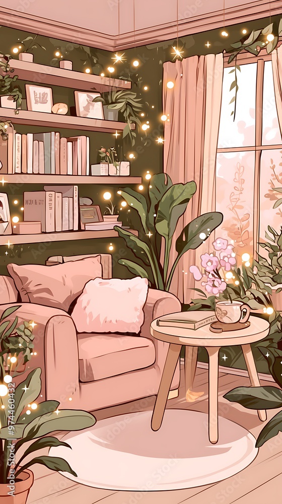 Fototapeta premium Cozy Living Room with Pink Armchair and Side Table, Decorated with Plants and String Lights.