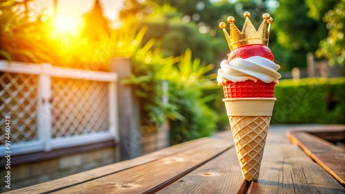 A colorful frozen treat stands upright on a sunny patio, wrapped in a red and white striped cone, adorned with a golden wafer crown. photo