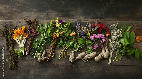 A collection of Himalayan medicinal plants arranged on a rustic wooden table, showcasing their leaves, flowers, and roots  photo