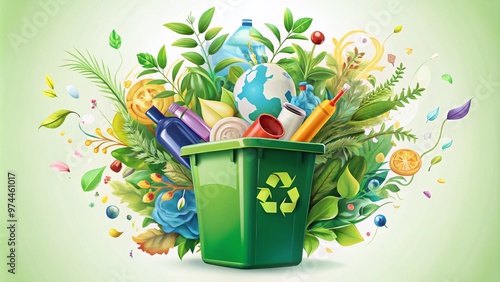 A colorful, isolated illustration of a recycling bin with a lid, surrounded by swirls of recyclable materials and vibrant greenery, symbolizing eco-friendliness and sustainability. photo