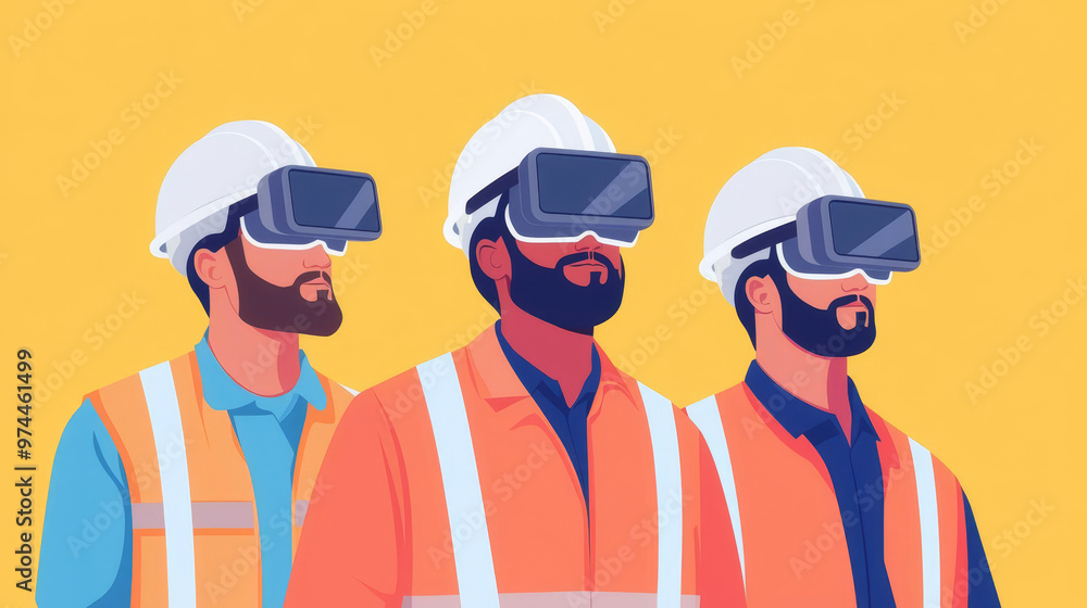 Construction crew learning through AR technology, flat design illustration Construction crew learning through AR technology, flat design illustration