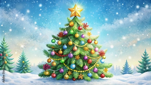 A colorful, whimsical illustration of a festive Christmas tree adorned with ornaments, garlands, and a sparkling star, set against a soft, snowy white background.