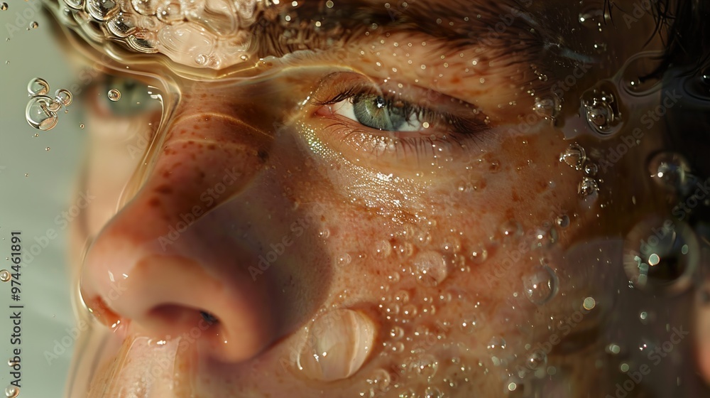 Close-Up Portrait of a Person Underwater with Bubbles Close-Up Portrait of a Person Underwater with Bubbles