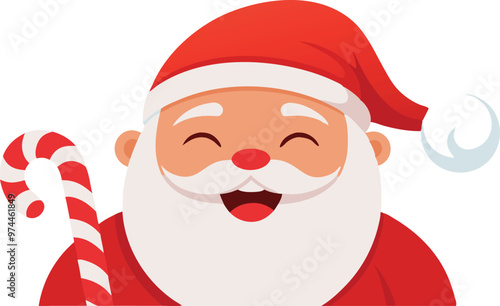 A cartoon illustration of Santa Claus with a white beard laughing, holding a red and white candy cane in his hand.