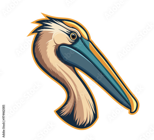 Ai generated pelican bird mascot, generative ai aquatic avian character head with white feathers and blue beak, embodying grace and coastal spirit. Emblem for a brand, club, zoo park or sports team