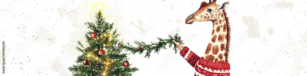 giraffe with a Christmas tree on a white background. Selective focus giraffe with a Christmas tree on a white background. Selective focus