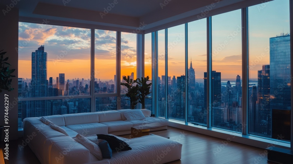Fototapeta premium Stunning City Skyline at Sunset Viewed from Luxury Apartment