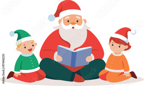 Santa Claus sits cross-legged and reads a book to a boy and girl wearing Christmas pajamas and hats.