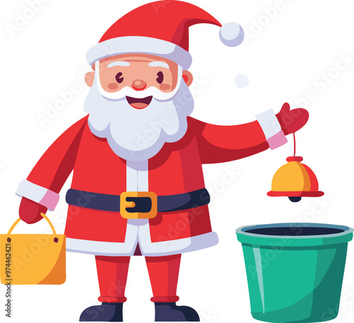 A cheerful Santa Claus, wearing his red suit and white beard, rings a bell into a green trash can.