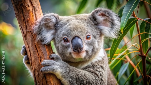 A cuddly koala clings to a eucalyptus tree branch, its soft gray fur and big round eyes capturing the heart in a serene Australian outback setting. photo