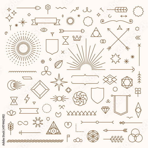 Set of linear thin line art deco boho retro vintage design elements. Geometric shapes, Outline symbols