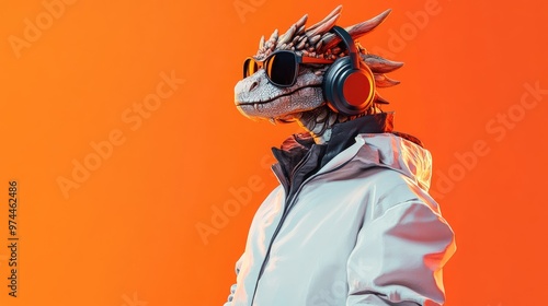 A dragon-headed humanoid dressed in a white jacket, oversized headphones, and sunglasses, listening to music on a vivid orange background. photo