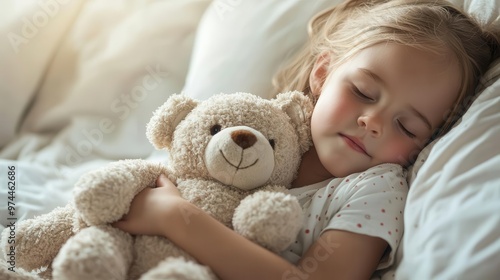 A peaceful child sleeps soundly while hugging a soft teddy bear in a cozy bed, surrounded by warm sunlight.