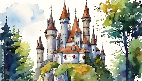 Enchanted watercolor depiction of a fairytale castle adorned with whimsical towers and spires photo