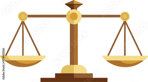A scale with two golden dishes hangs from a brown beam on a wooden stand.