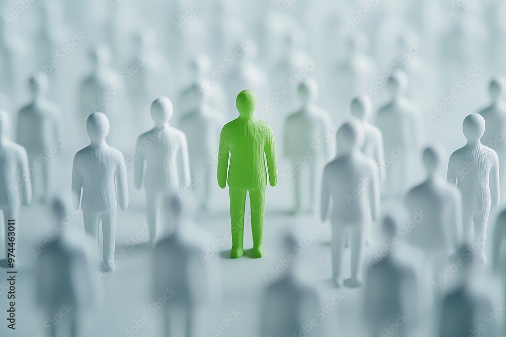 Individual Green figure stands out among white figures, symbolizing unique characteristics, qualities, advantageous or negative difference, chosen perfect candidate, white background. Individual Green figure stands out among white figures, symbolizing unique characteristics, qualities, advantageous or negative difference, chosen perfect candidate, white background.