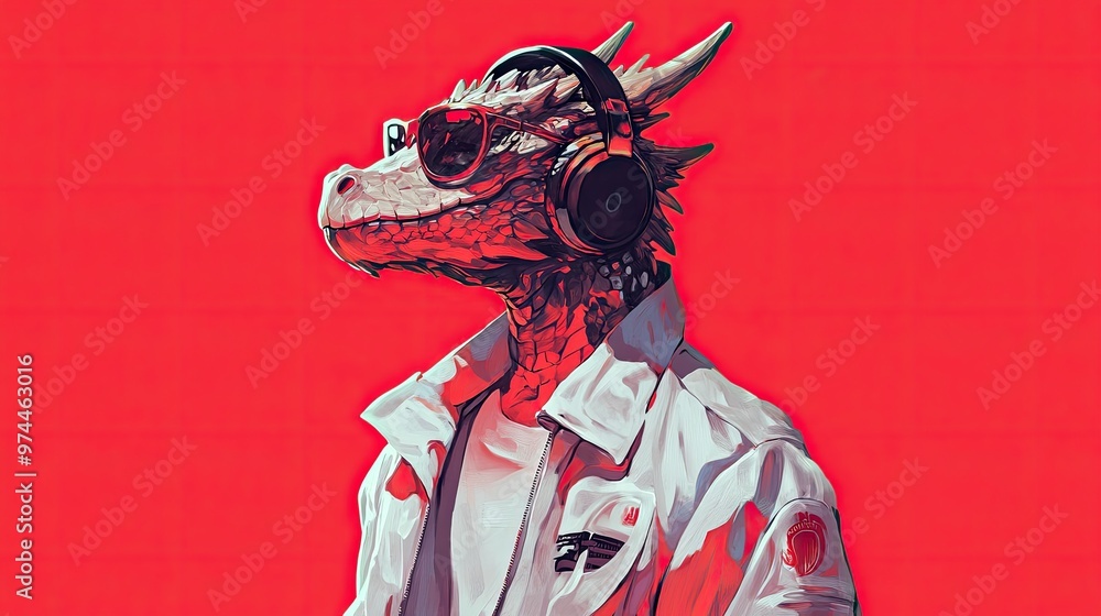 A dragon-headed humanoid dressed in a white jacket, headphones, and sunglasses, grooving to tunes on a striking red background. A dragon-headed humanoid dressed in a white jacket, headphones, and sunglasses, grooving to tunes on a striking red background.