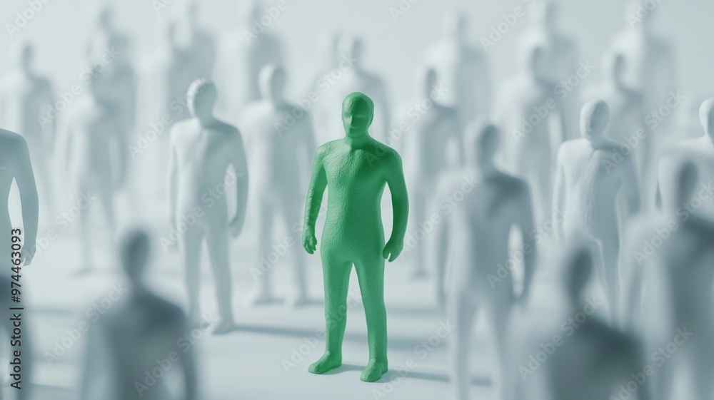 Individual Green figure stands out among white figures, symbolizing unique characteristics, qualities, advantageous or negative difference, chosen perfect candidate, white background. Individual Green figure stands out among white figures, symbolizing unique characteristics, qualities, advantageous or negative difference, chosen perfect candidate, white background.