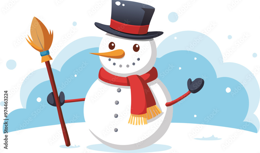 A cartoon snowman stands in a snowy landscape. He wears a black top hat with a red band, a red scarf, and holds a broom.