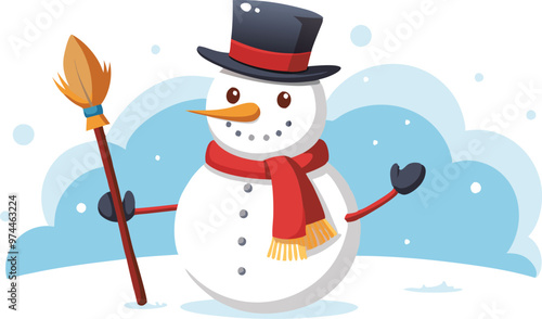 Obraz na płótnie A cartoon snowman stands in a snowy landscape. He wears a black top hat with a red band, a red scarf, and holds a broom. w salonie
