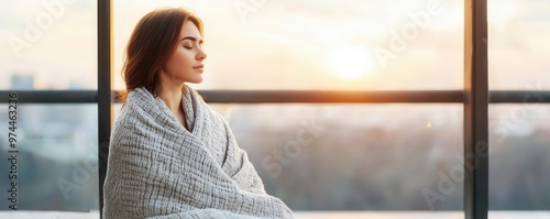 A serene woman meditates by the window, wrapped in a cozy blanket, enjoying a peaceful sunset view.