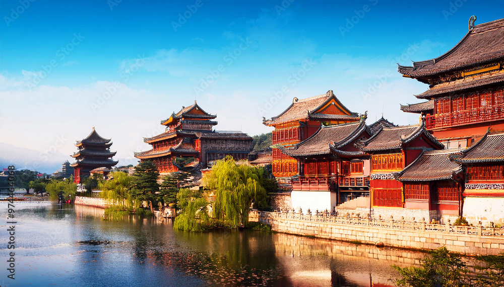 traditional Chinese architecture along a serene waterway, showcasing intricate wooden structures with curved roofs, vibrant red accents, ancient Chinese culture, architectural, history, travel traditional Chinese architecture along a serene waterway, showcasing intricate wooden structures with curved roofs, vibrant red accents, ancient Chinese culture, architectural, history, travel