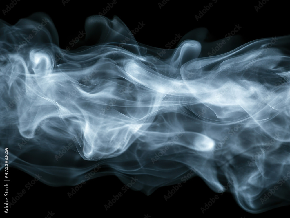 Stream of light grey smoke curling on dark background with copy space for text. Stream of light grey smoke curling on dark background with copy space for text.