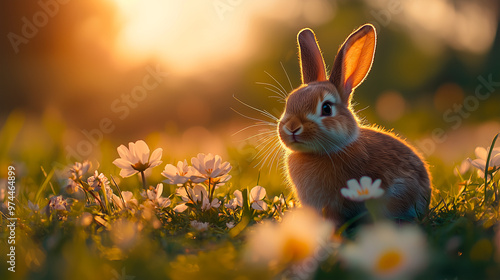 Fluffy Easter Bunny in a Blooming Flower Meadow - Springtime Charm