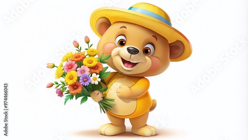 Adorable anthropomorphic bear cartoon character wearing a bright yellow hat and holding a colorful bouquet, standing on its hind legs with a cheerful smile. photo