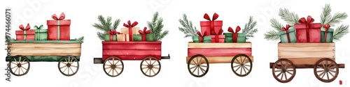 Watercolor Christmas Farm ornament, Charming holiday trains filled with colorful gifts and greenery, festive decorations and seasonal celebrations. Isolate on white background set