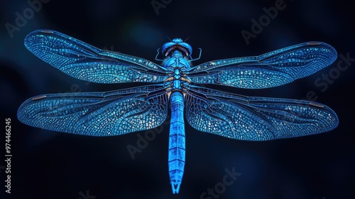 Shimmering blue dragonfly wings glowing softly against a dark backdrop, capturing an ethereal and enchanting insect image